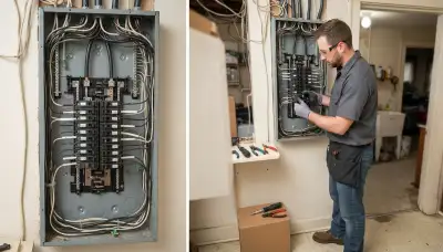 Licensed Cleveland, OH electrician installs a circuit breaker in a load center with a torque screwdriver