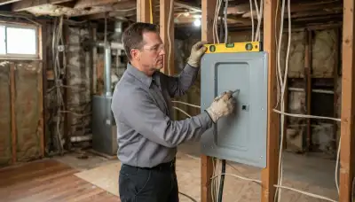 Licensed electrician in Cleveland, OH levels an electrical panel enclosure against wall studs during rough-in