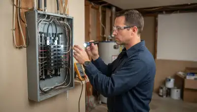 Cleveland, OH electrician assesses an open electrical panel for whole-home surge protection