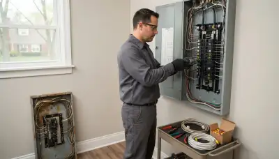 Electrician upgrading an older home’s electrical panel to 200 amps in Bay Village, OH