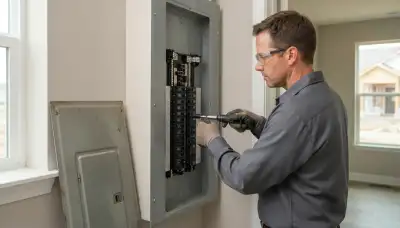 Electrician upgrading an electrical panel in an older Beachwood, OH home