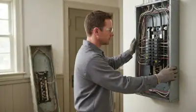 Electrician upgrading an electrical panel in an older Bedford, OH home