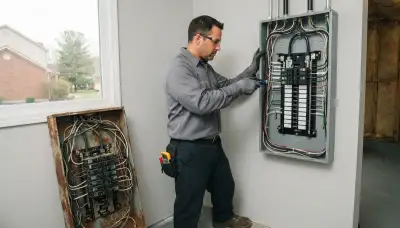 Electrician upgrading an electrical panel in an older Columbia Station, OH home