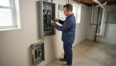 Electrician upgrading an outdated electrical panel in an older Cuyahoga Heights, OH home