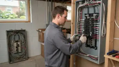 Electrician upgrading an electrical panel in an older Rocky River, OH home