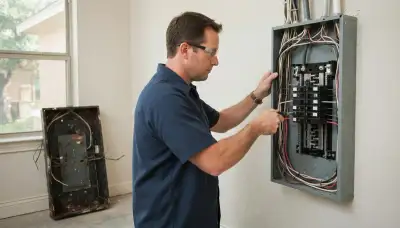 Electrician upgrading an electrical panel in an older Westlake, Ohio home