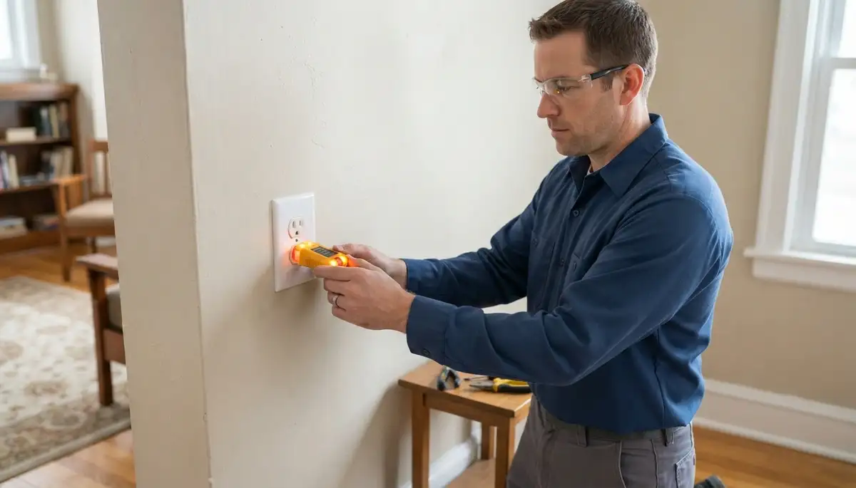 Electrician tests outlet polarity and grounding after repair in a Cleveland, OH home