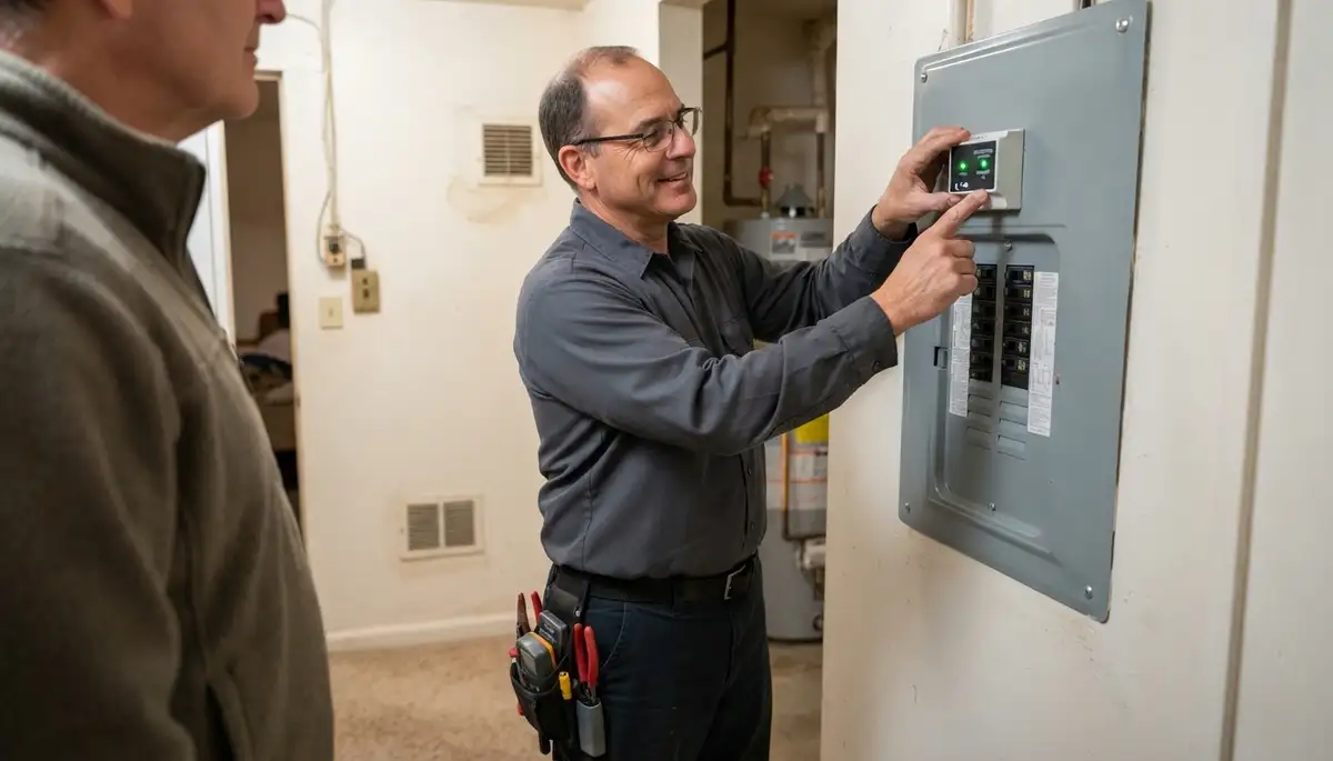 Cleveland, OH electrician verifies an installed whole-home surge protector’s status light with a homeowner