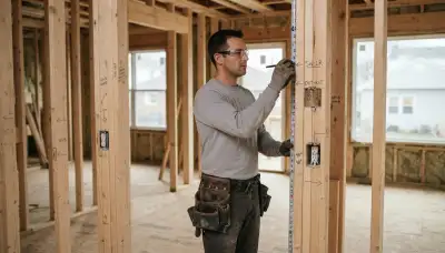 Cleveland, OH electrician marking electrical box heights and circuit runs on open-stud framing for new construction w...