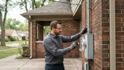 Cleveland, OH electrician inspecting a home's service entrance, meter base, weatherhead, and electrical conductors