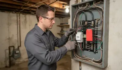 Electrician installs a surge protective device with short leads at a main electrical panel in Cleveland, OH