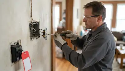 Electrician installing a new light switch with secured wiring and lockout tag in Cleveland, OH