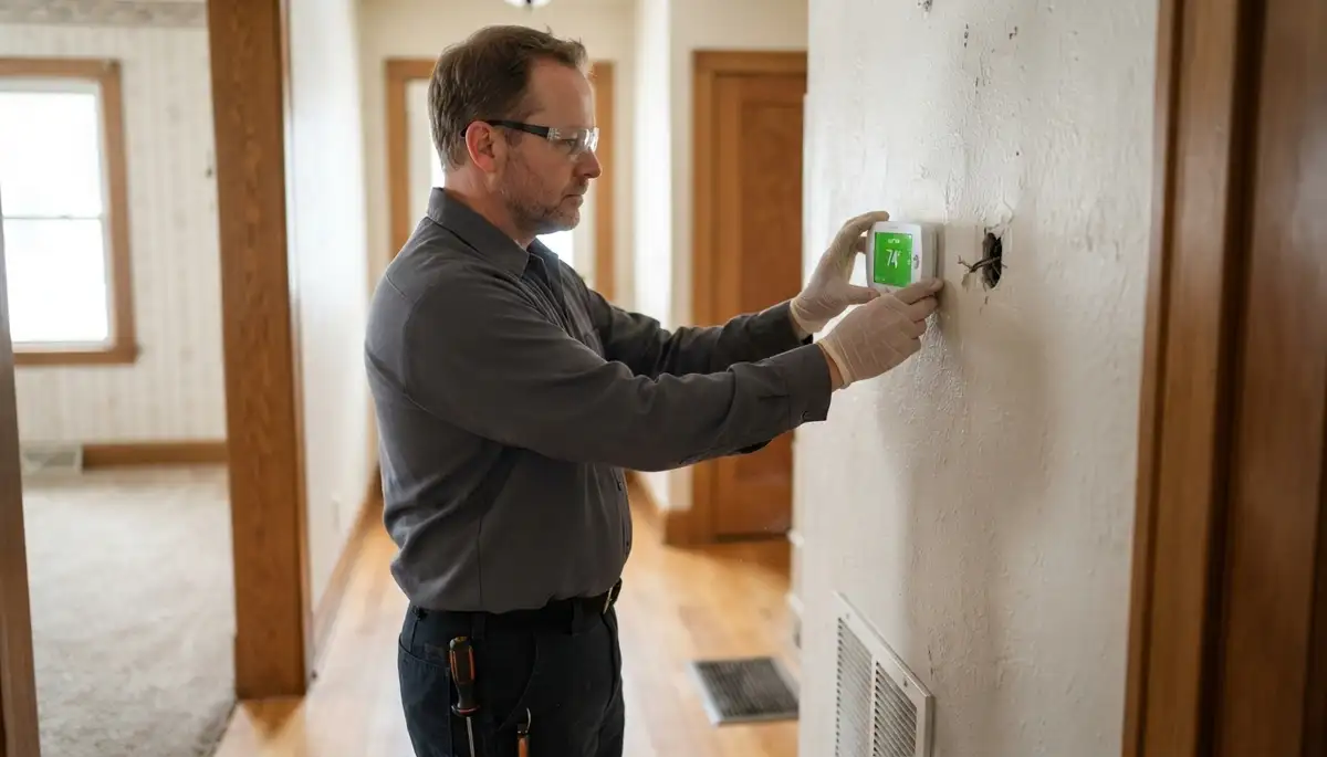 Electrician testing heating and cooling cycles on a new thermostat in Cleveland, OH