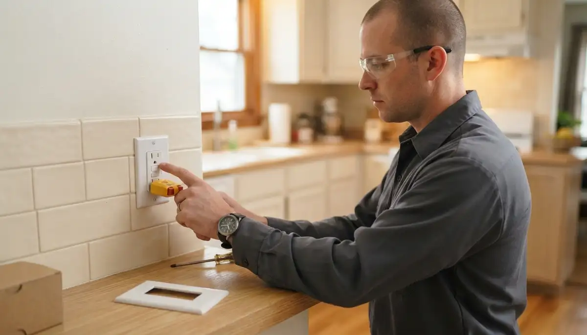 Cleveland, OH electrician presses test button on newly installed GFCI outlet