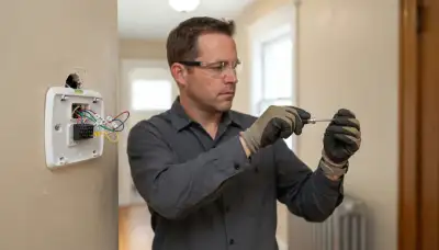 Electrician levels and wires a new thermostat base in a Cleveland, OH home