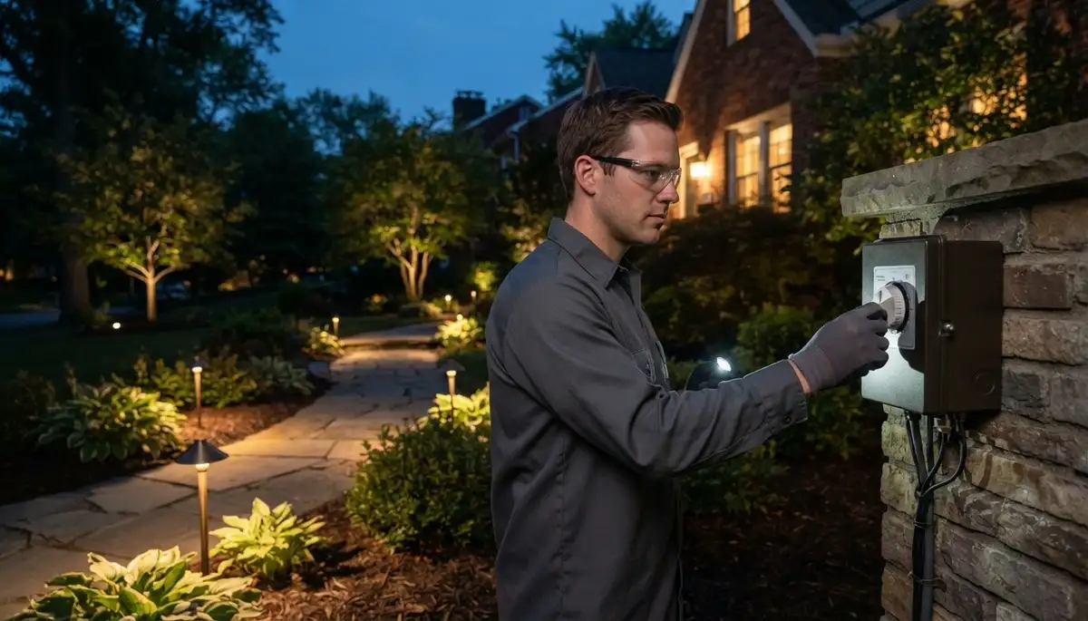 Cleveland, OH electrician adjusts a landscape lighting transformer timer at dusk for nighttime fixture aiming