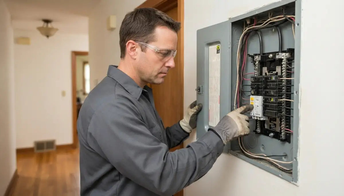Electrician pressing GFCI breaker test button during trip testing in a Cleveland, OH home