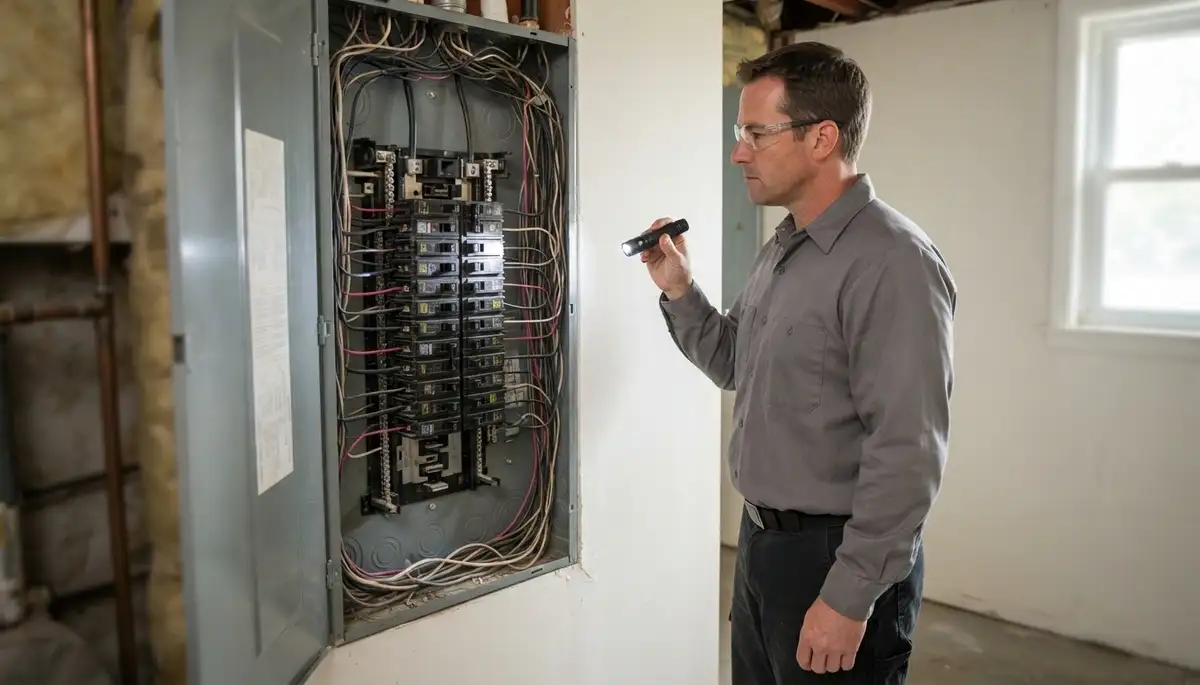 Electrician inspecting a breaker panel during a whole-home electrical inspection in Beachwood, OH