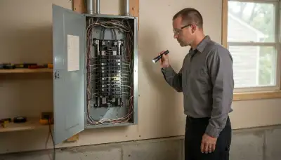 Electrician performing a whole-home electrical inspection in Berea, OH, checking wiring and breaker panels for safety.