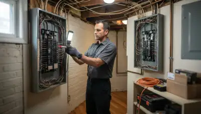 Licensed electrician in Cleveland, OH tests voltage at an open electrical panel during a whole-home assessment.