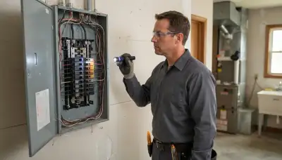 Electrician performing a whole-home electrical inspection in Strongsville, OH, checking panel connections and breakers