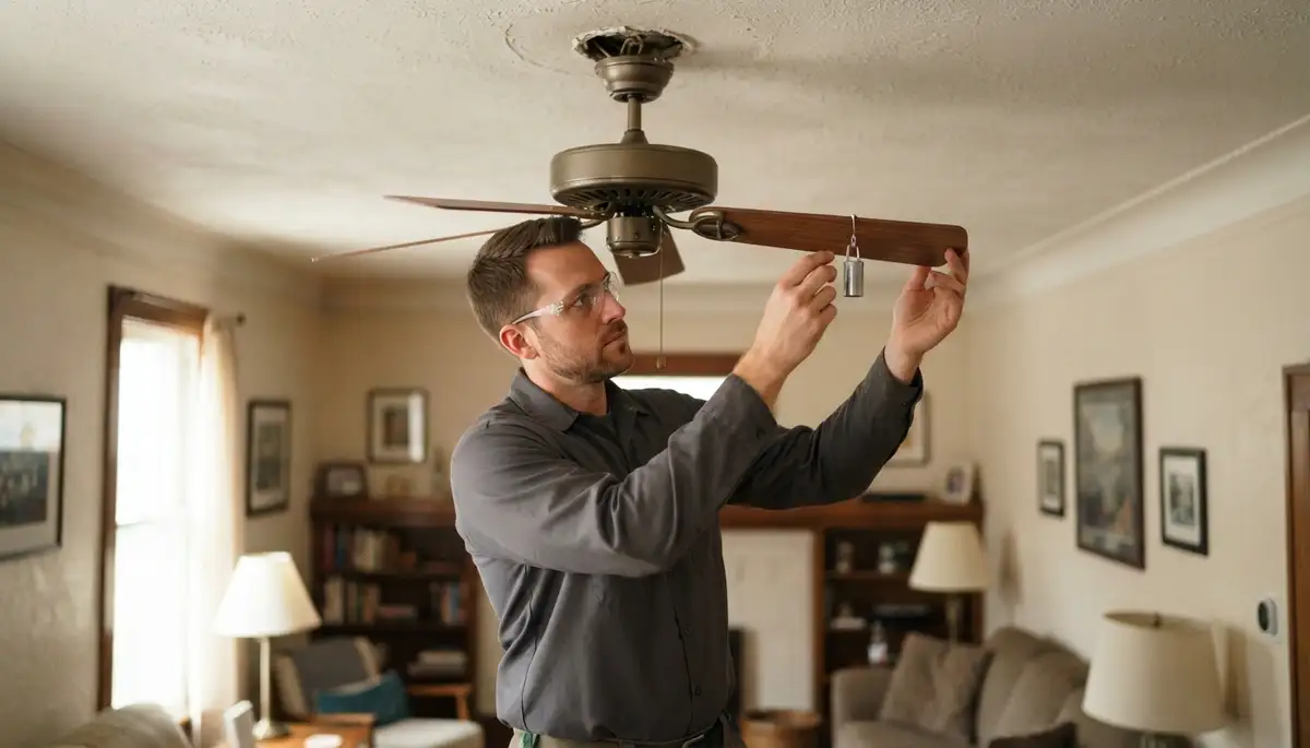 Electrician clips a balancing weight to a ceiling fan blade during repair in Cleveland, OH