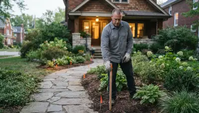 Landscape lighting professional marking fixture locations along a residential walkway in Cleveland, OH